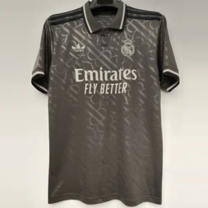 Real Madrid 2024/25 Third Jersey Fan Version - Front View Dark gray Real Madrid football shirt on a hanger, showing the Emirates sponsor and club crest on the chest.