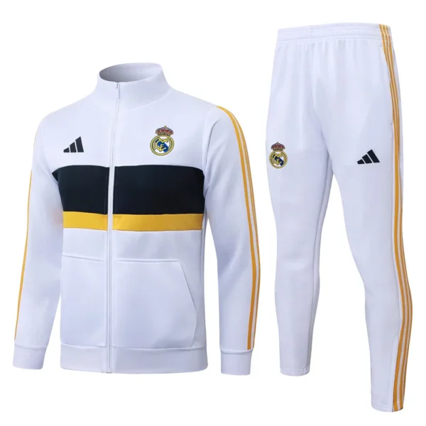 Real Madrid 2026/27 White Yellow Jacket Tracksuit - Front View Real Madrid 2026/27 White Yellow Jacket Tracksuit - Front View | KFCOOL