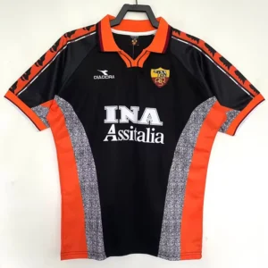 Black and orange soccer jersey on a hanger featuring the INA Assitalia sponsor and Diadora logo.