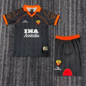Roma 1999/00 Retro Away Kids Kit Fan Version - Front View Adult-sized football kit laid flat: black pinstripe jersey with orange collar and cuffs, sponsor text 'INA Assitalia', and a crest; matching black shorts with an orange waistband and a red arc design.